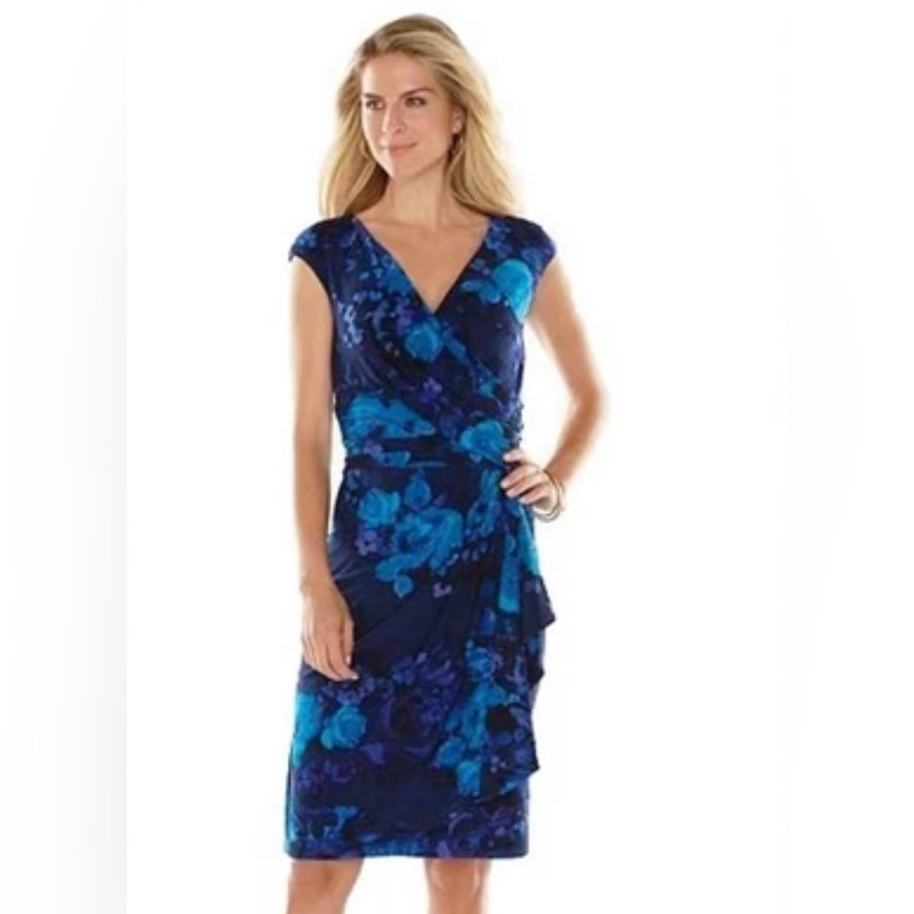 Chaps Size 8 NWT Floral Crossover Surplice Dress Blue Stretch Elegant Event